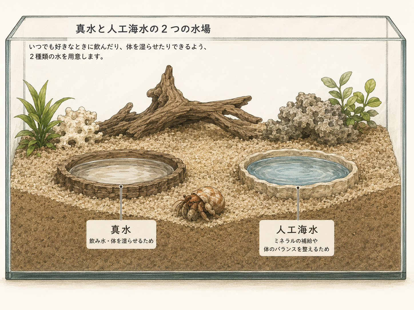 オカヤドカリ用の真水と人工海水の2つの水場を示した図