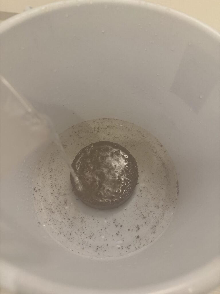 お湯を吸って膨らみ始めた圧縮床材