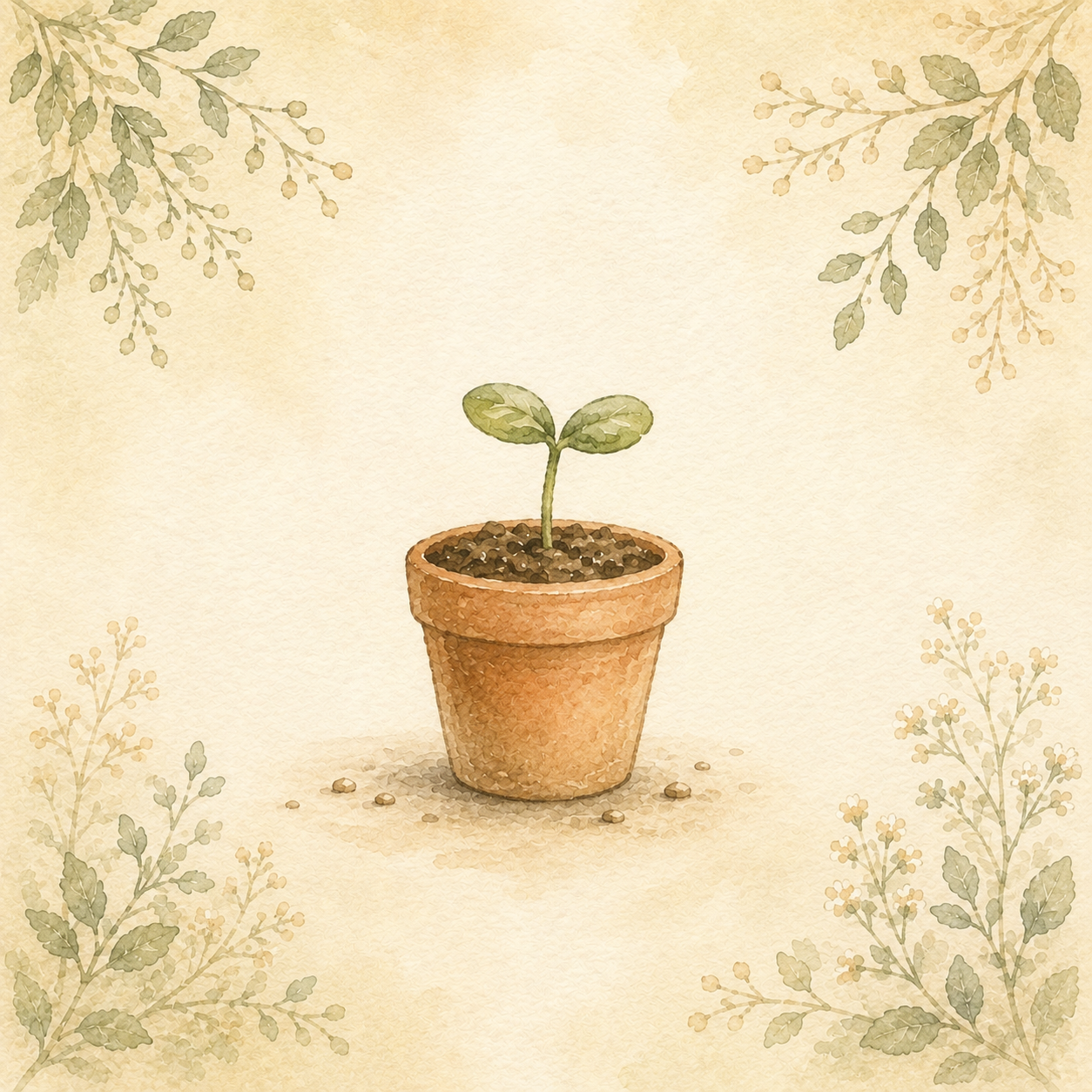 水彩で描かれた小さな芽と植木鉢