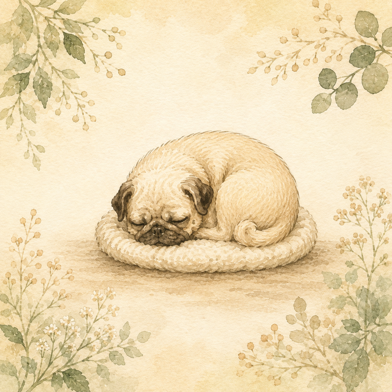 水彩で描かれた眠るパグ